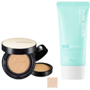 A'PIEU - Pure Block Aqua Sun Gel SPF50+ PA+++ X Jung Saem Mool - Essential Skin Nuder Long Wear Cushion - 14g+14g - Fair Light
