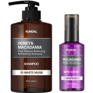 KUNDAL - Honey & Macadamia Nature Shampoo - 500ml + Hair Serum - 100ml Set - White Musk