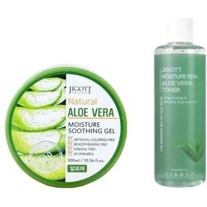 Jigott - Moisture Real Aloe Vera Toner - 300ml (1ea) + Natural Aloe Vera Moisture Soothing Gel - 300ml (1ea) Set