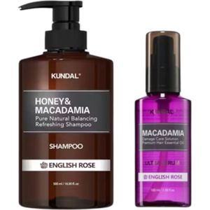 KUNDAL - Honey & Macadamia Nature Shampoo - 500ml + Hair Serum - 100ml Set - English Rose