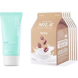 A'PIEU - Milk One Pack Sheet Mask - Coffee - 5pcs + Pure Block Aqua Sun Gel SPF50+ PA+++ (1ea) Set