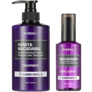 KUNDAL - Honey & Macadamia Protein Hair Treatment - 500ml + Hair Serum - 100ml Set - Amber Vanilla