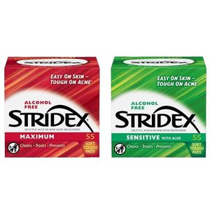 STRIDEX - Alcohol Free Maximum Pads (2% Salicylic Acid) RED - 55pcs + Sensitive Pads With Aloe GREEN - 55pcs set