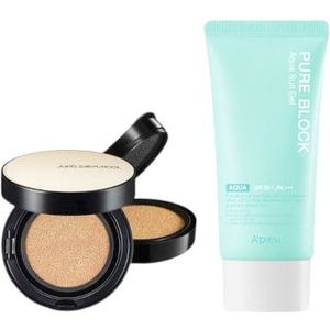 A'PIEU - Pure Block Aqua Sun Gel SPF50+ PA+++ X Jung Saem Mool - Essential Skin Nuder Long Wear Cushion - 14g +14g - Light