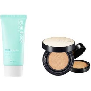 A'PIEU - Pure Block Aqua Sun Gel SPF50+ PA+++ X Jung Saem Mool - Essential Skin Nuder Long Wear Cushion - 14g+14g - Medium Deep