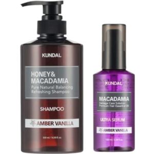 KUNDAL - Honey & Macadamia Nature Shampoo - 500ml + Hair Serum - 100ml Set - Amber Vanilla