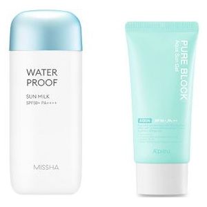 Missha All-Around Safe Block Waterproof Sun Milk + A'PIEU Pure Block Aqua Sun Gel Sunscreen (1ea) Set