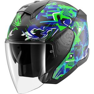 Shark - Skwal Pranz - Open Helm - Zwart/Groen/Blauw - Geïntegreerde LED's