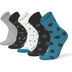 Lenz - Set van 5 Paar Sokken - Petrol/Zwart en Grijs/Ster & Maan - Katoen
