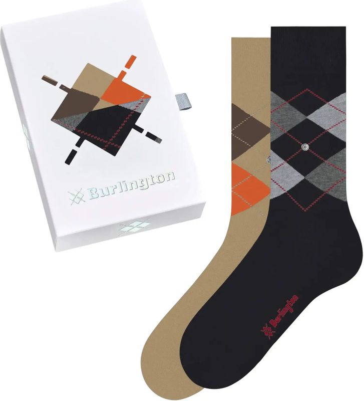 Burlington 2-paar heren sokken - Cadeau verpakking - Gift Box - Katoenen sokken met ruit print  - Bruin