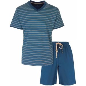 M.E.Q. Heren shortama katoen - V-hals - Blauw gestreept