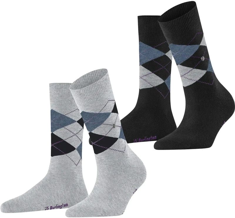 Burlington 2-paar Everyday dames sokken - Argyle - katoenen sokken met ruit print  - Zwart