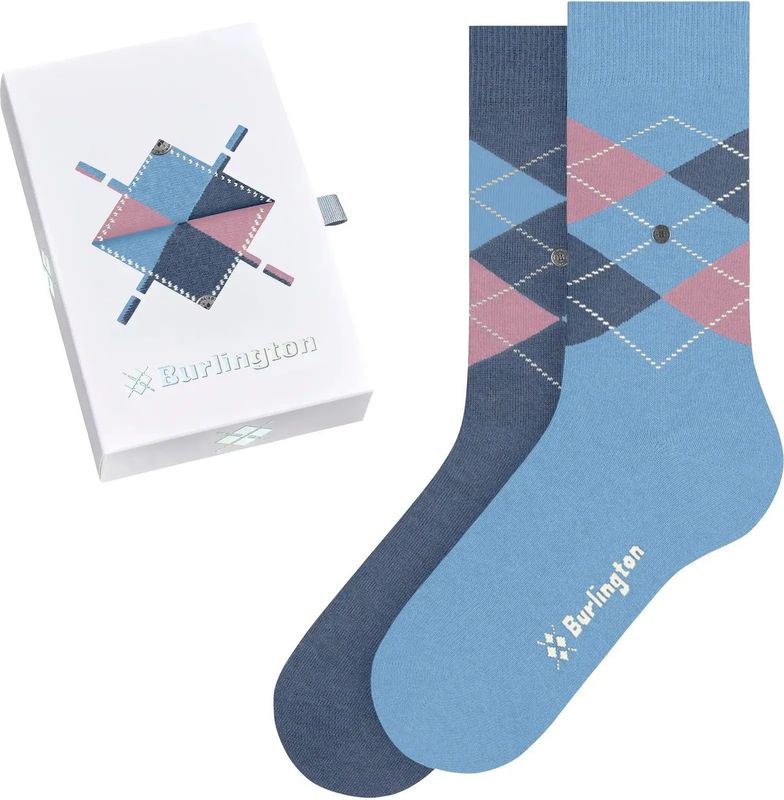 Burlington 2-paar dames sokken - Cadeau verpakking - Biologisch katoenen sokken met ruit print  - Blauw