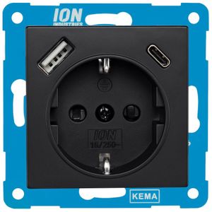 ION | Wandcontactdoos RA | met USB en USB-C | Mat Zwart - V1/J1 Serie