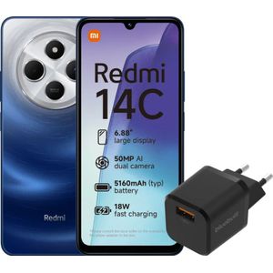 Redmi 14C 128GB Blauw 4G + BlueBuilt Oplader met Usb A Poort 18W Zwart