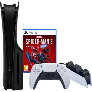 PlayStation 5 Slim Disc Edition + Spider-Man 2 +  Covers Zwart + Oplaadstation