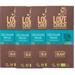 Lovechock Bio rohe Schokolade, Süße Kakaonibs-Meersalz, Tafel 4x70 g Schokolade