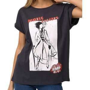 RE:COVERED X Disney Damen T-Shirt mit Cruella Devil Aufdruck Baumwoll-Shirt Rundhals-Shirt Boyfriend-Cut MMDIS2678 Dunkelgrau-meliert