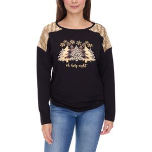 Damen Langarm-Pullover mit Weihnachts-Muster Shirt mit Pailletten Longsleeve mit Glitzer-Aufdruck 951384 Schwarz/Gold
