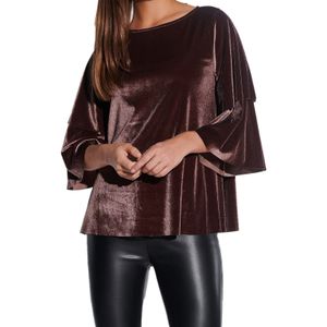 vestino Damen weiches Samt-Shirt mit verspielten Volant-Ärmeln Freizeit-Shirt 901389 Braun
