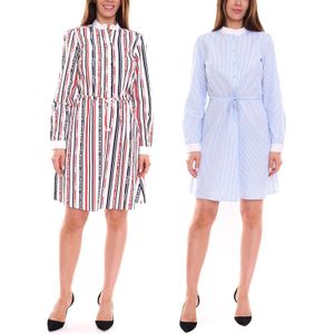 DELMAO Damen Baumwoll-Kleid Mini-Kleid gestreiftes Langarm-Kleid Blusen-Kleid Weiß/Blau oder Weiß/Blau/Rot