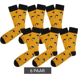 6 Paar Moustard Orca Baumwoll-Socken mit Orca-Walen gemusterte lange Strümpfe 18S-ORCA Orangegelb/Schwarz/Weiß