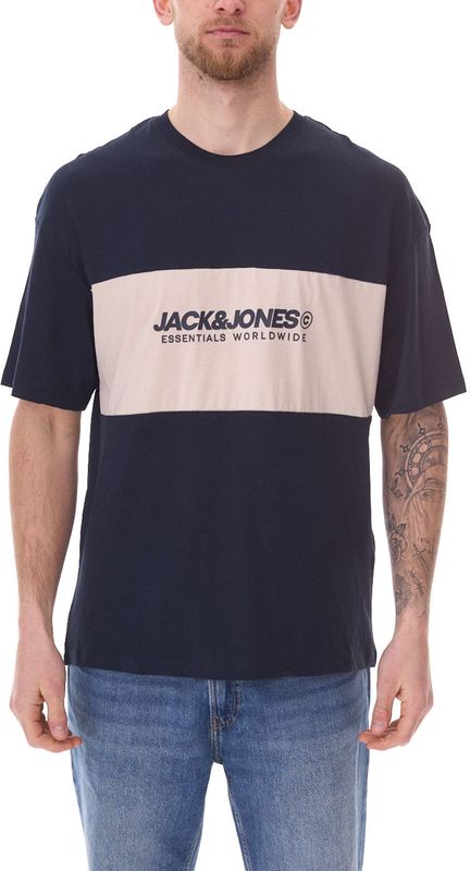 JACK & JONES Herren Rundhals-Shirt Baumwoll-Shirt T-Shirt Kurzarm-Shirt 12258883 Dunkelblau//Beige