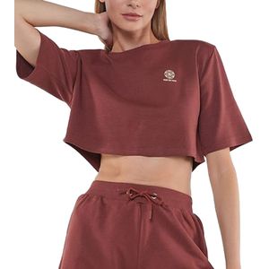 YOU DO YOU Damen T-Shirt im Cropped-Style Fitness-Top mit Rücken-Cut Out Baumwoll-Shirt Yoga-Mode 905051 Mahagoni-Braun