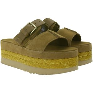 UGG Australia Aubrey Slide Damen Echtleder-Schlappen Plateau Pantoletten Sommer-Schuhe mit EVA-Sohle W/1167451 Braun