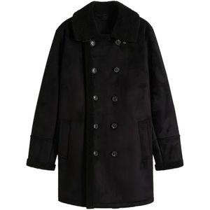 Damen Mantel mit Teddyfell Kragen Kunstlammfell-Jacke Herbst-Parka 939077 Schwarz