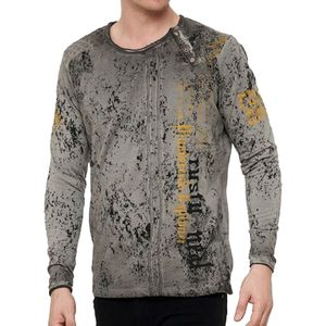Herren Longsleeve mit Schriftzug Baumwoll-Langarm-Shirt Sommer-Pullover Freizeit-Shirt R-10153 Grau