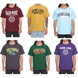 KEINE LIEBE Universe City und Broken Heart Club Herren Baumwoll-Shirt mit farblichen Akzenten T-Shirt Rundhals-Shirt Kurzarm-Shirt KLTS10 in Gelb, Grün, Blau, Rot, Violett oder Grau