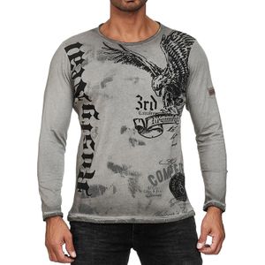 Herren Longsleeve Langarm-Shirt mit Adler-Druck Rundhals Baumwoll-Shirt R-10147 Grau