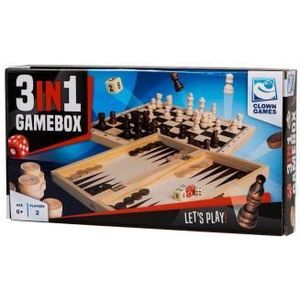 Clown Games 3-in-1 Houten Spellendoos - Geschikt voor kinderen en volwassenen vanaf 6 jaar - Inclusief schaken, dammen en backgammon