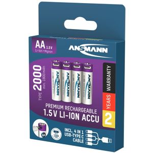 AA Batterij - 1800 mAh - Li-Ion - Oplaadbaar via usb-c - Kabel inbegrepen - Paars - 4 stuks