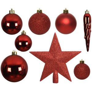 Decoris Kunststof Kerstballen Mix 8 cm + Piek Kerstrood 33 Stuks