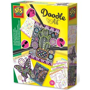 SES Creative Doodle Art Inkleur-Kaarten 12 Stuks + 3 Zwarte Stiften