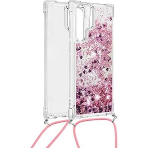 Lunso - Backcover hoes met koord - Samsung Galaxy S22 Ultra - Glitter Rose Goud