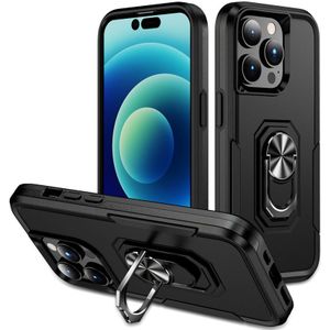 Lunso - iPhone 15 Pro - Armor backcover hoes met ringhouder - Zwart