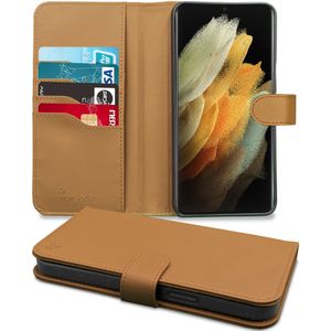 Høyde - Vegan lederen bookcase hoes - 100% Biologisch Afbreekbaar - Samsung Galaxy S21 Ultra - Cognac