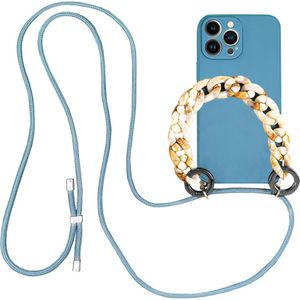 Høyde - iPhone 13 Pro Max - Telefoonhoes met koord + Kralenketting - Blauw