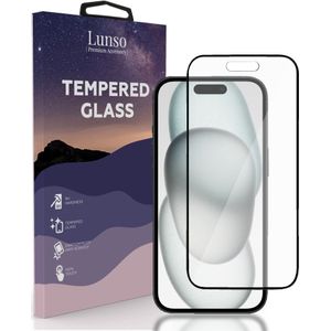 Lunso - iPhone 15 - Gehard Beschermglas - Full Cover Screen protector - Black Edge