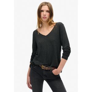 Superdryvoor vrouwen. W6012097A T-shirt van tricot met V-hals en lange mouwen zwart (L), Casual, Viscose