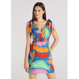 Lois Jeansvoor vrouwen. 448252681 Korte jurk met maxiblaadjes met meerkleurige opdruk en strik op de schouders (XS), Casual, Veelkleurig, Vi