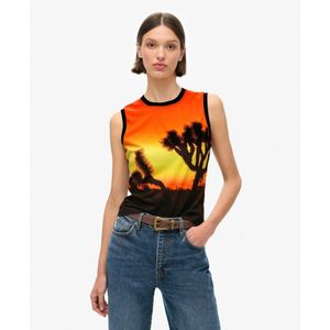 Superdryvoor vrouwen. W6011959A Tanktop met oranje subprint, zwart (XL), Casual, Katoen, Mouwloos / spaghettibandjes