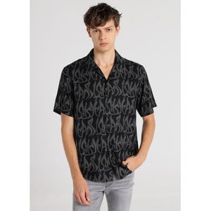 Lois Jeansvoor mannen. 145633046 Motorwear Shirt met Waterval Patroon Korte Mouw Zwart (S), Casual, Katoen, Viscose, Korte mouwen