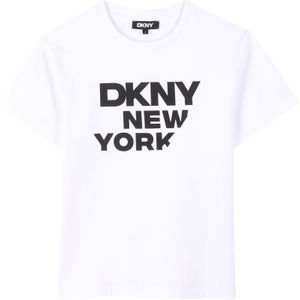 DKNYunisex voor kinderen. D62299 Wit t-shirt met korte mouwen (4Años= 102cm), Casual, Katoen, kinderkleding
