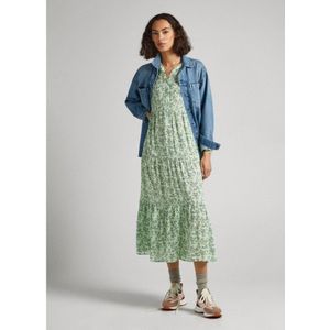 Pepe Jeans - PL953347 Feli - Midi-jurk - Groen - Viscose - Lange Mouwen - Duurzaam
