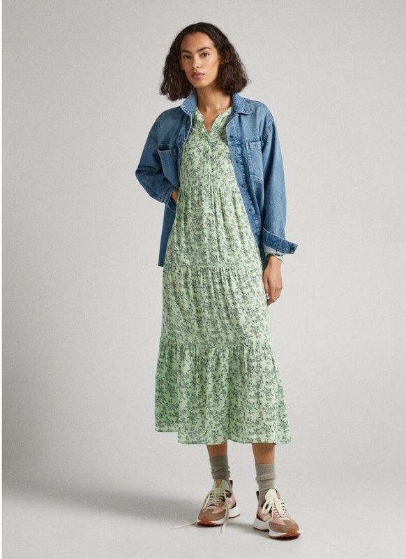 Pepe Jeans - PL953347 Feli - Midi-jurk - Groen - Viscose - Lange Mouwen - Duurzaam