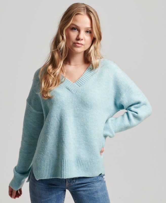 Superdryvoor vrouwen. W6110521A Turquoise oversized trui met V-hals (XXS), Casual, Acryl